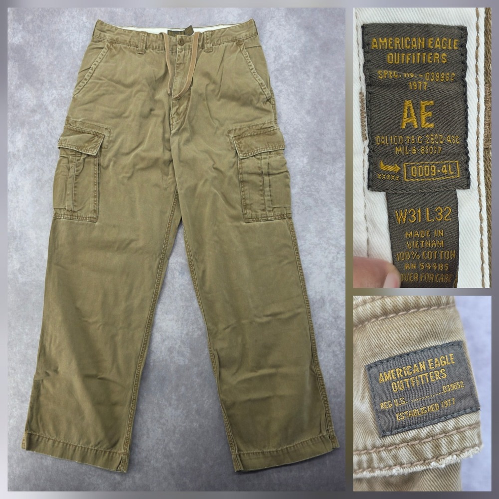 American Eagle Paratrooper Baggy Cargo Pants Mens 31x32 Khaki Y2K Fits 32x31